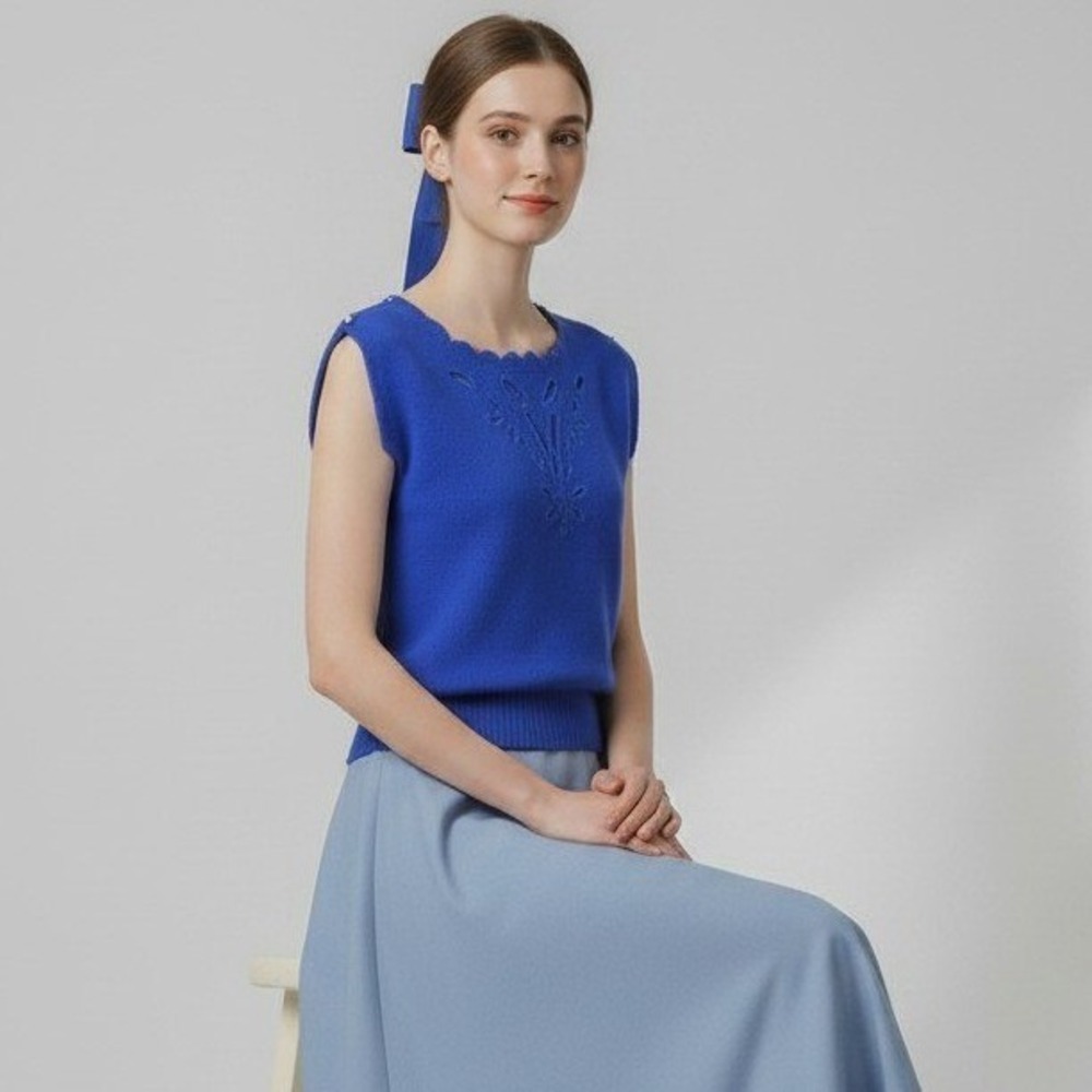Luce Vintage Sweater Medium Silk Blend Angora Blue‎ Scalloped